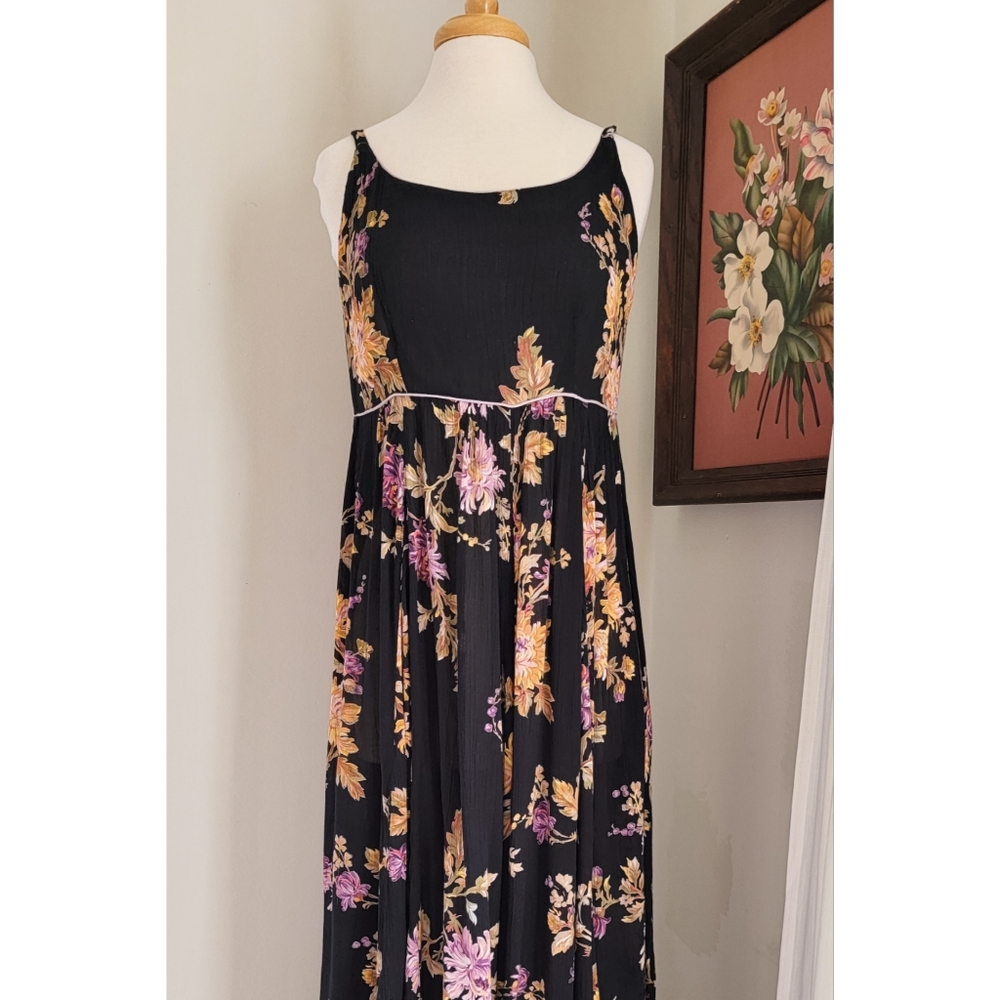 90s Black Floral Scoop Neck 1990s Vintage Flowy Feminine Rayon Gauze Maxi Dress - Picture 7 of 16